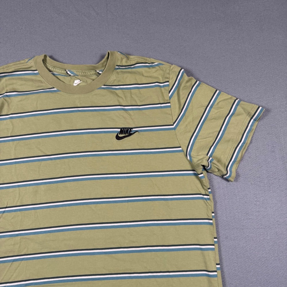 Nike Mens Striped T-Shirt Sage Green Blue White Embroidered Logo Size Large - Picture 9 of 11
